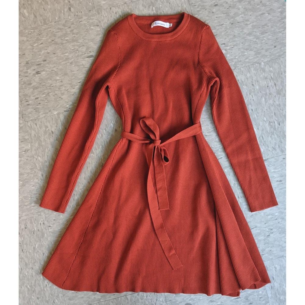 ANRABESS Women Long Sleeve Ribbed Knit Sweater Dress Rust Orange Small